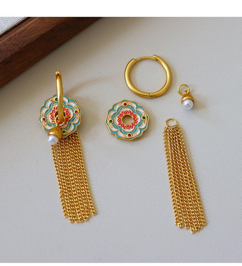 Twelve Flower Gods" vintage enamel tassel earrings