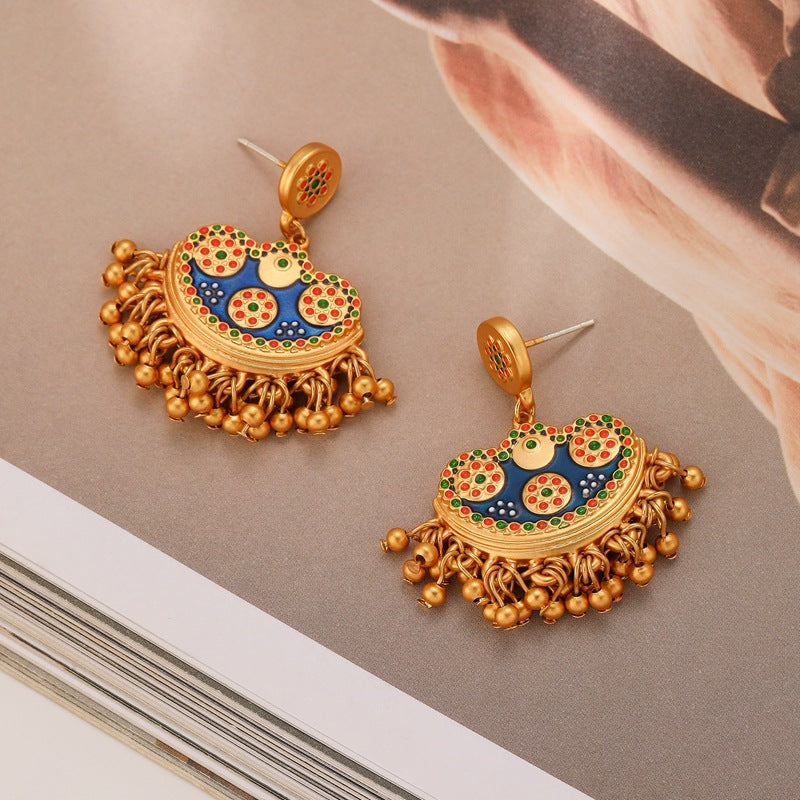 Vintage enamel fan-shaped tassel earrings