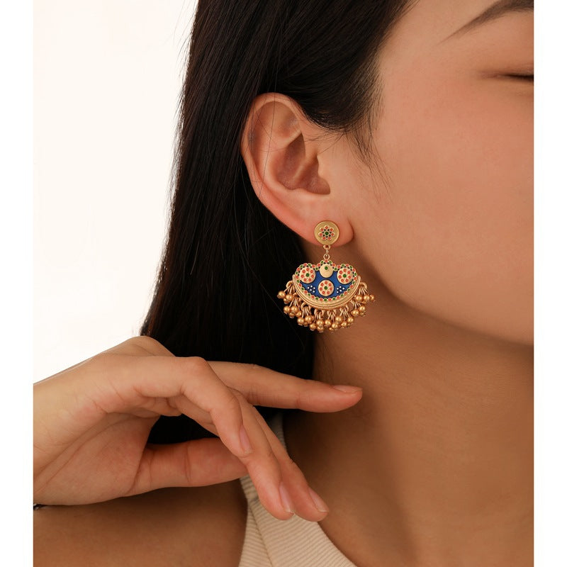 Vintage enamel fan-shaped tassel earrings