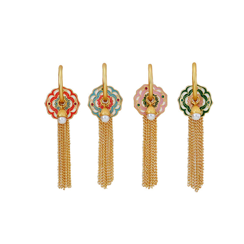 Twelve Flower Gods" vintage enamel tassel earrings