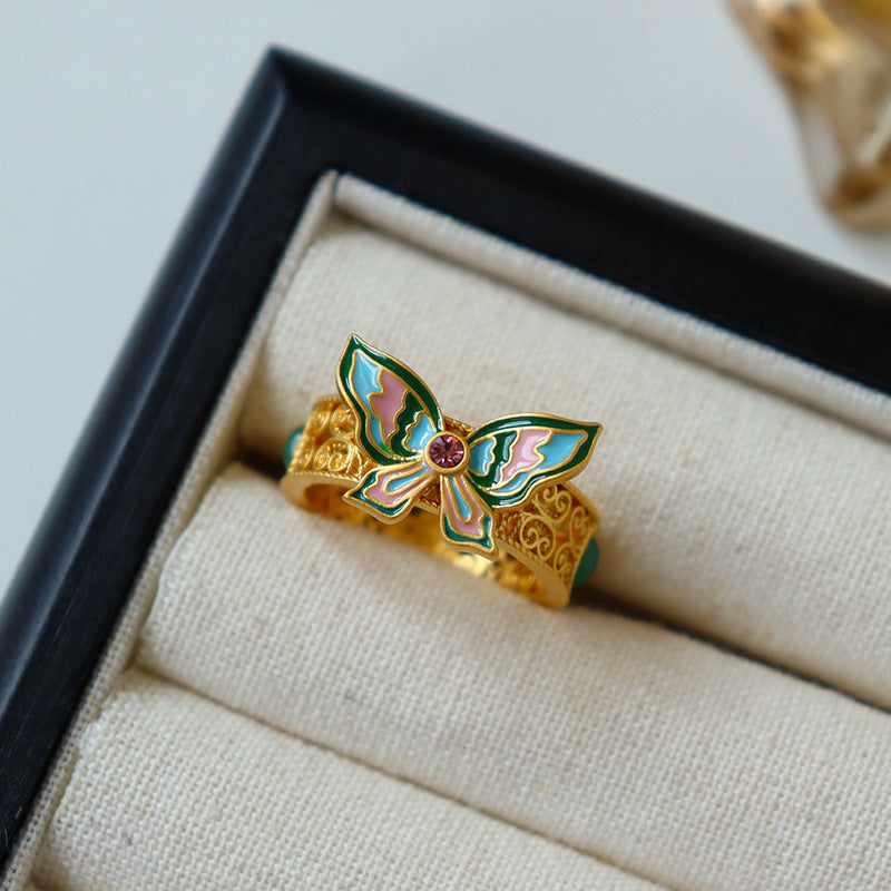 Butterfly Dance Flowing Light - Flower Silk Enamel Butterfly Ring