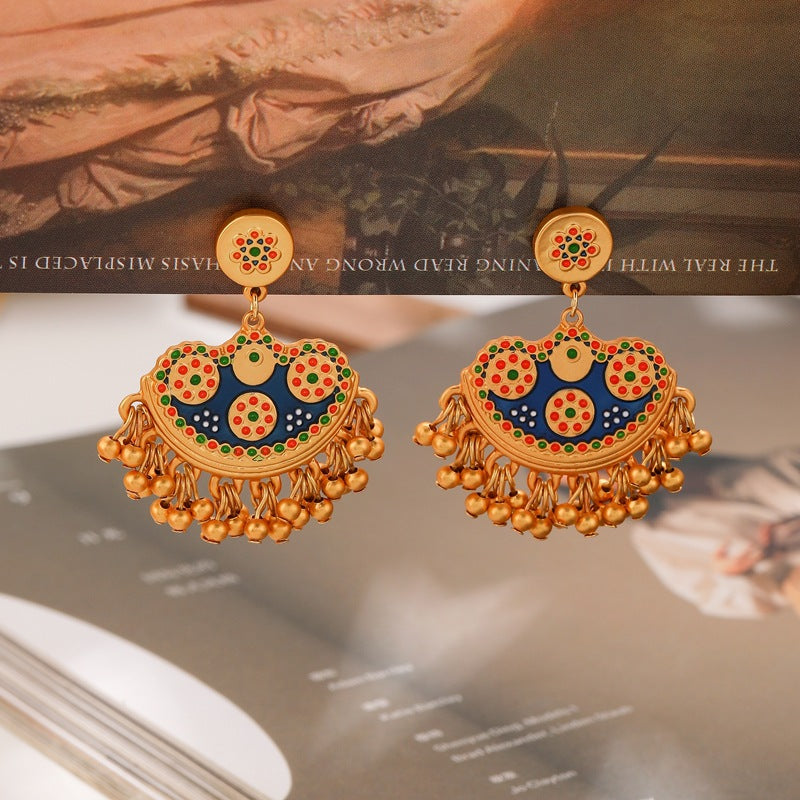 Vintage enamel fan-shaped tassel earrings