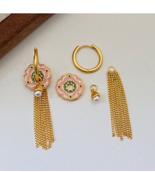 Twelve Flower Gods" vintage enamel tassel earrings