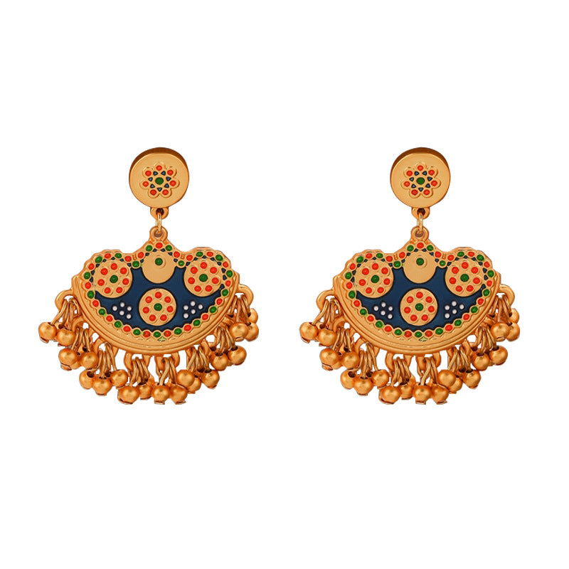 Vintage enamel fan-shaped tassel earrings