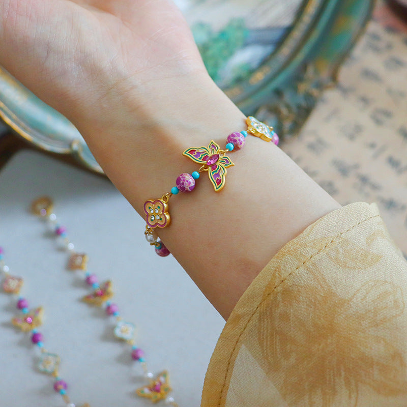 "Butterfly Dance in Flowers" Enamel Butterfly Bracelet