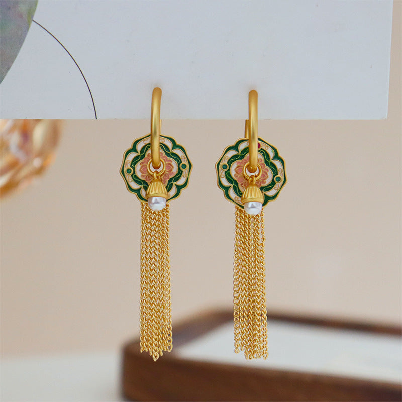 Twelve Flower Gods" vintage enamel tassel earrings